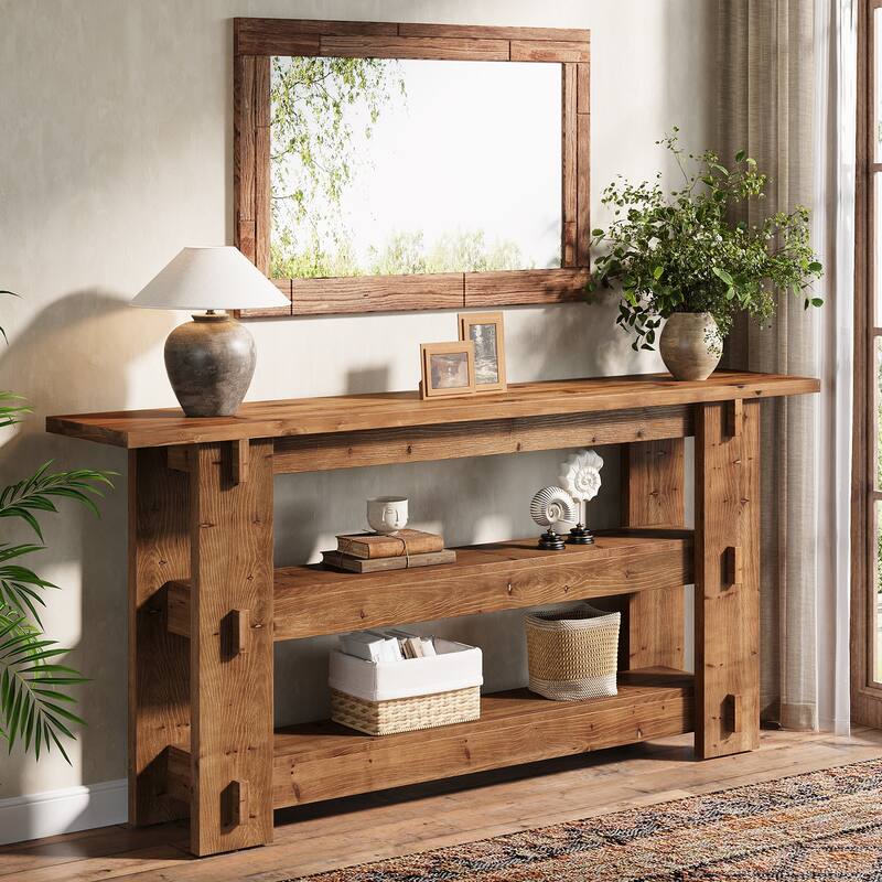 63-Inch Solid Wood Console Table for Entryway, 3-Tier Sofa Table Behind Couch - 11.81" D x 62.99" W x 31.5" H