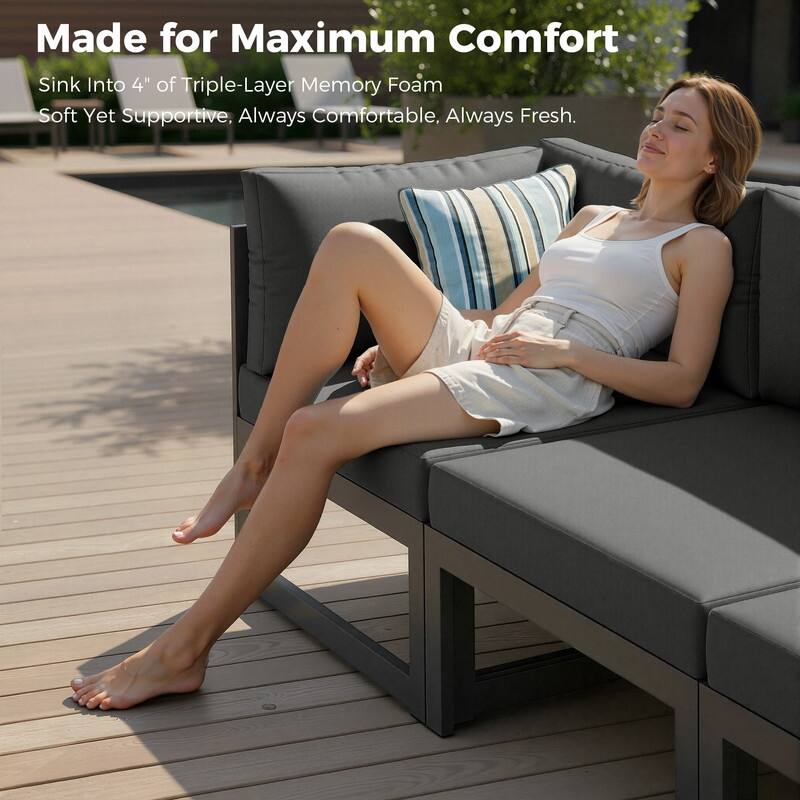 7 Piece Aluminum Patio Furniture Set with Fire Pit Propane/Gas, 29 inch Deep Wide Seat Aluminum Outdoor Sectional