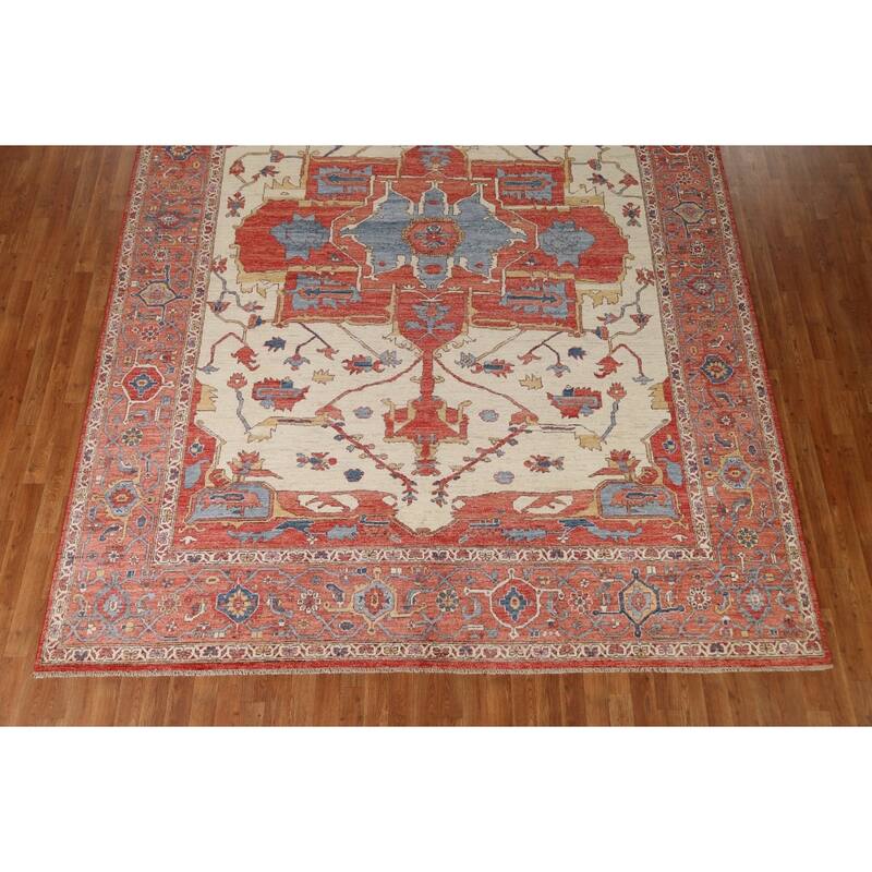 Hand Knotted Oriental 100% Wool Carpet Traditional Medallion Beige & Ivories Heriz (serapi) Area Rug - 11' 10'' X 9' 2''