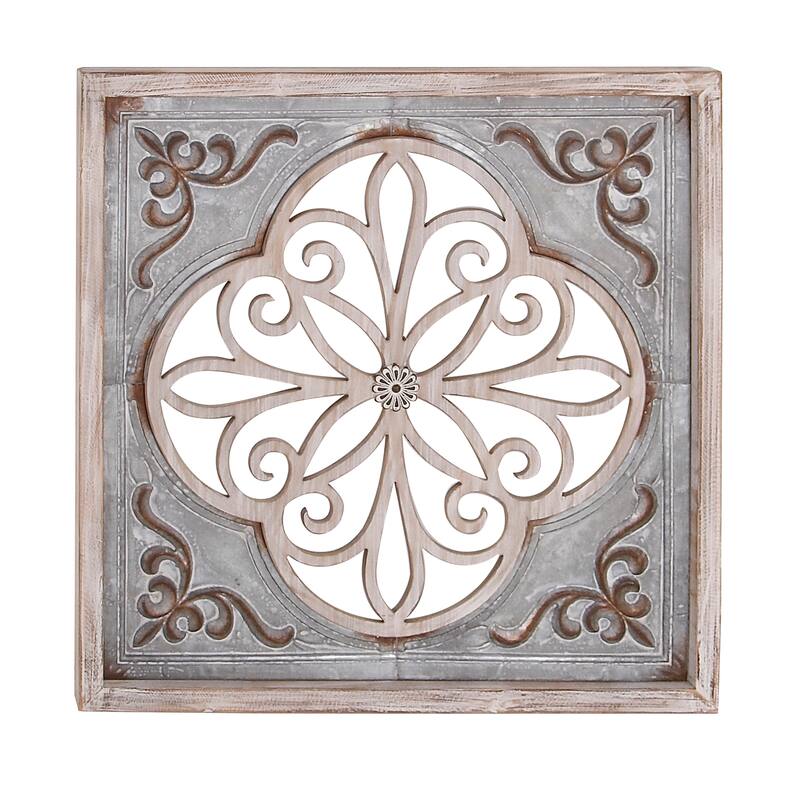 Metal Scroll Cutout Wall Decor with Brown Wood Accents - Gray - Roche River Decor