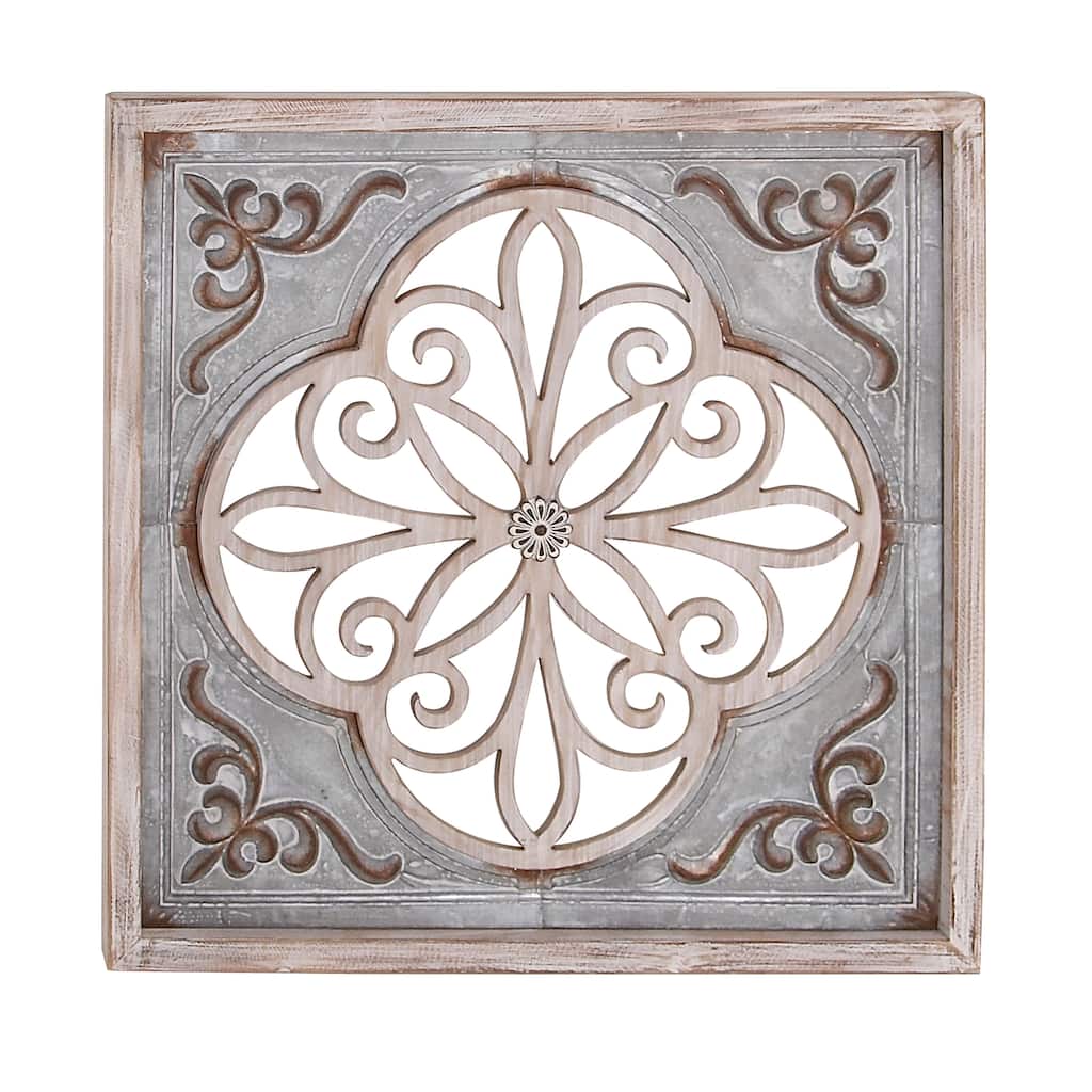 Metal Scroll Cutout Wall Decor with Brown Wood Accents - Gray - Roche River Decor