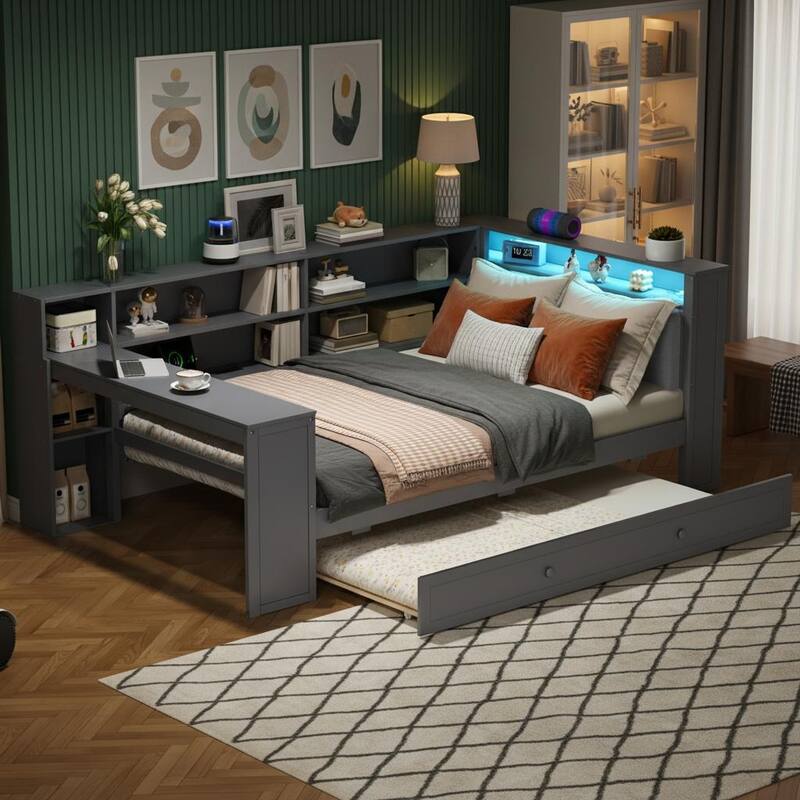 Daybed Bed with Trundle, Storage Shelves, Charging Station, & LED Light by Harper&Bright Designs