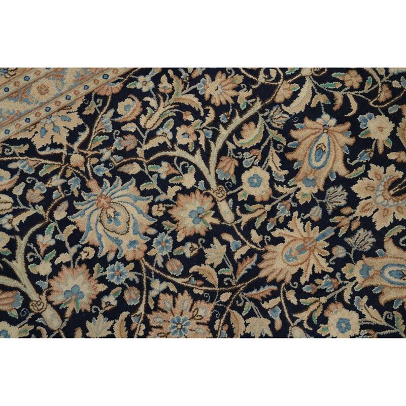 Hand Knotted Oriental 100% Wool Carpet Traditional All-Over Navy Blue & Blues Kerman Area Rug - 13' 0'' X 9' 7''