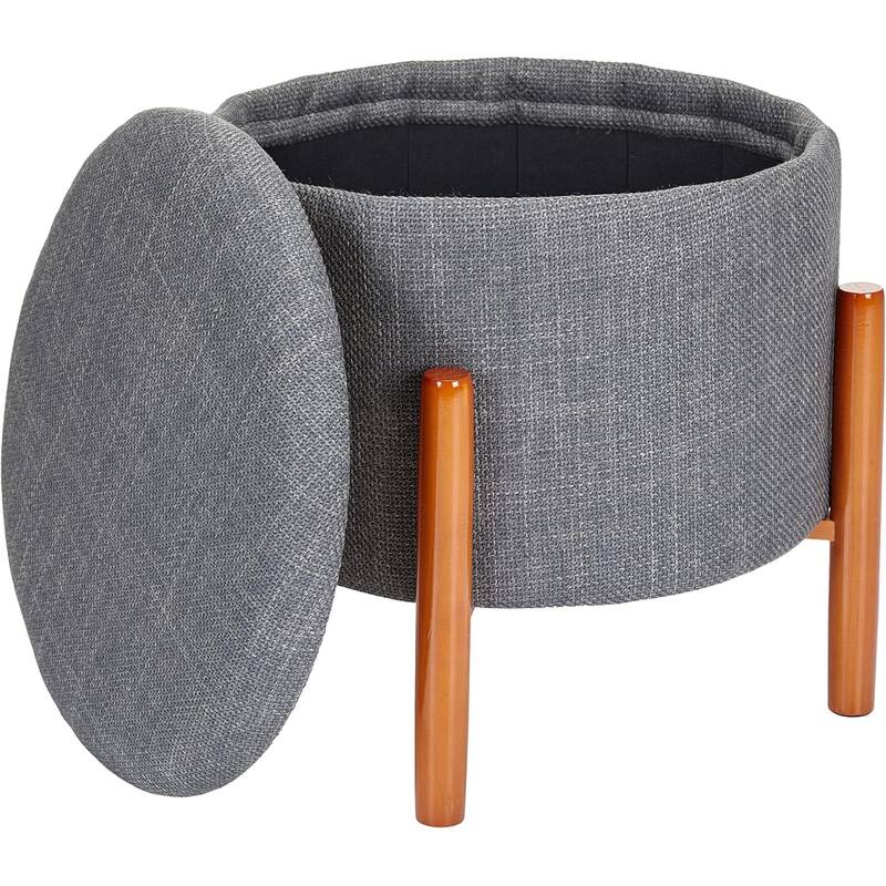 Modern Linen Ottoman with Pine Legs and Hidden Storage Flip Tray