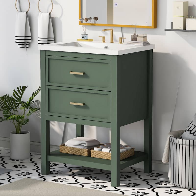 Small Bathroom Vanity with Top Sink, Undermount Bathroom Sink Cabinet, Bathroom Cabinet with 2 Drawers & Open Shelf