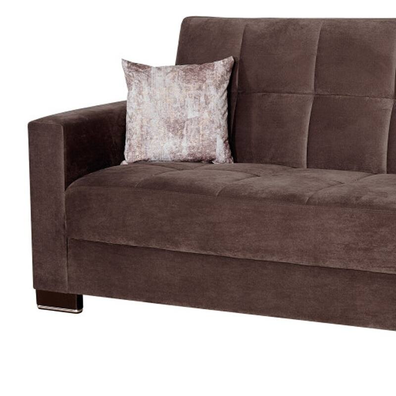 HomeRoots 87" Brown Microfiber Convertible Futon Sleeper Sofa And Toss Pillows With Storage