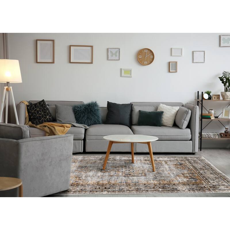 Sheffield Collection - Grey/Beige/Blue Border Rug