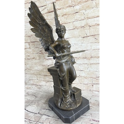 Winged Angel Warrior Goddess Nike Victory Bronze Statue Sculpture Marble Base