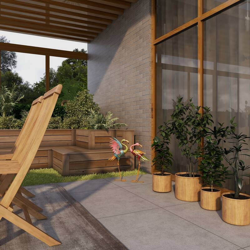 Multi Colored Metal Indoor Outdoor Embossed Standing Flamingo Decorative Garden Sculpture with Coiled U Shaped Feet (Set of 2)