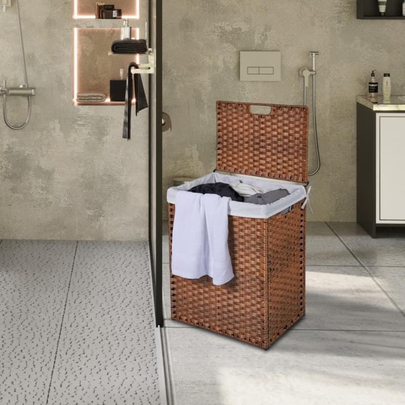 100L 24in.H Laundry Hamper With Lid PE Rattan with 2 Removable Bags - Brown