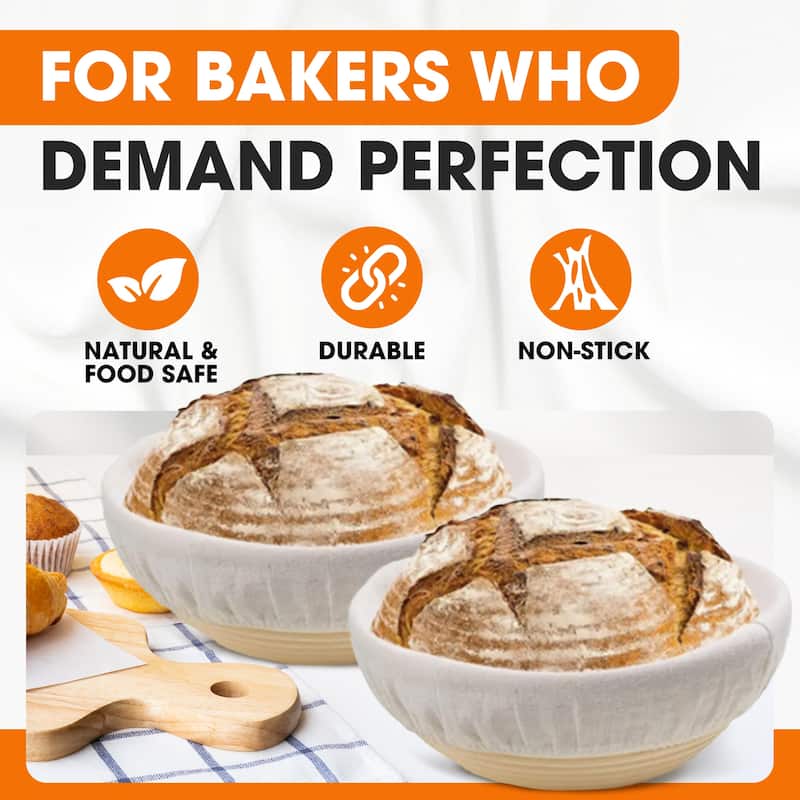 Cheer Collection Complete Set of 2 Round Bread Proofing Basket with Essential Baking Tools - Set of 2