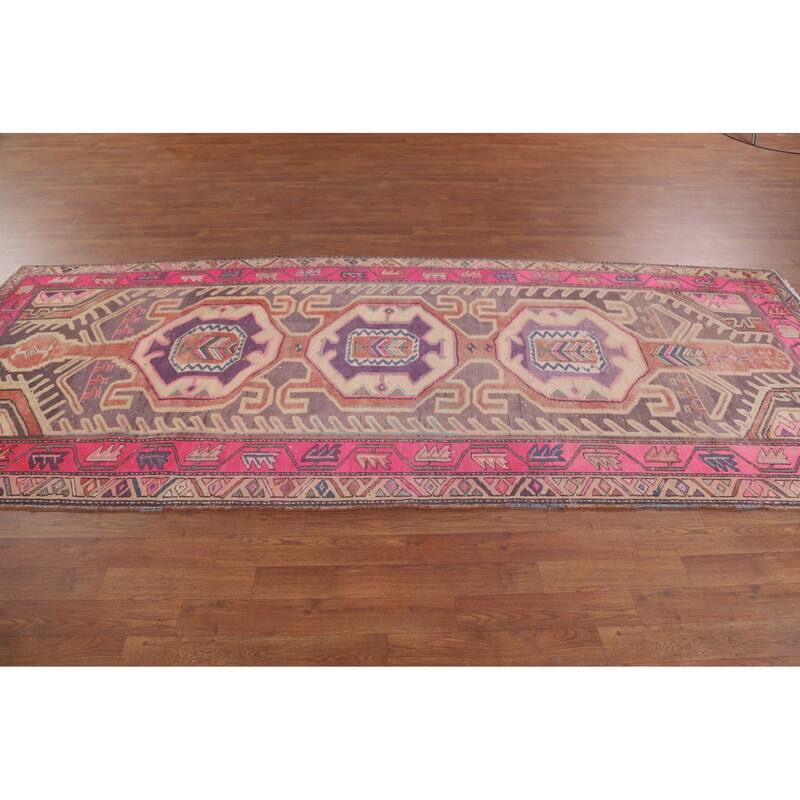 Hand Knotted Oriental 100% Wool Carpet Traditional Geometric Purples Meshkin Runner Rug - 10' 4'' X 4' 4''