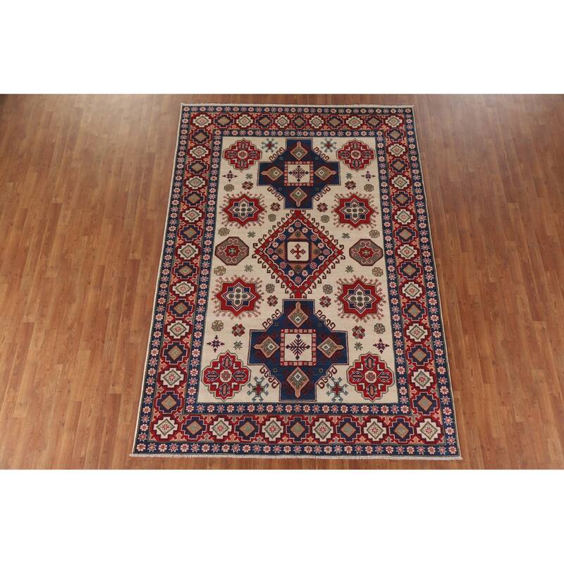 Hand Knotted Oriental 100% Wool Carpet Traditional Geometric Beige & Ivories Kazak Area Rug - 9' 7'' X 6' 7''