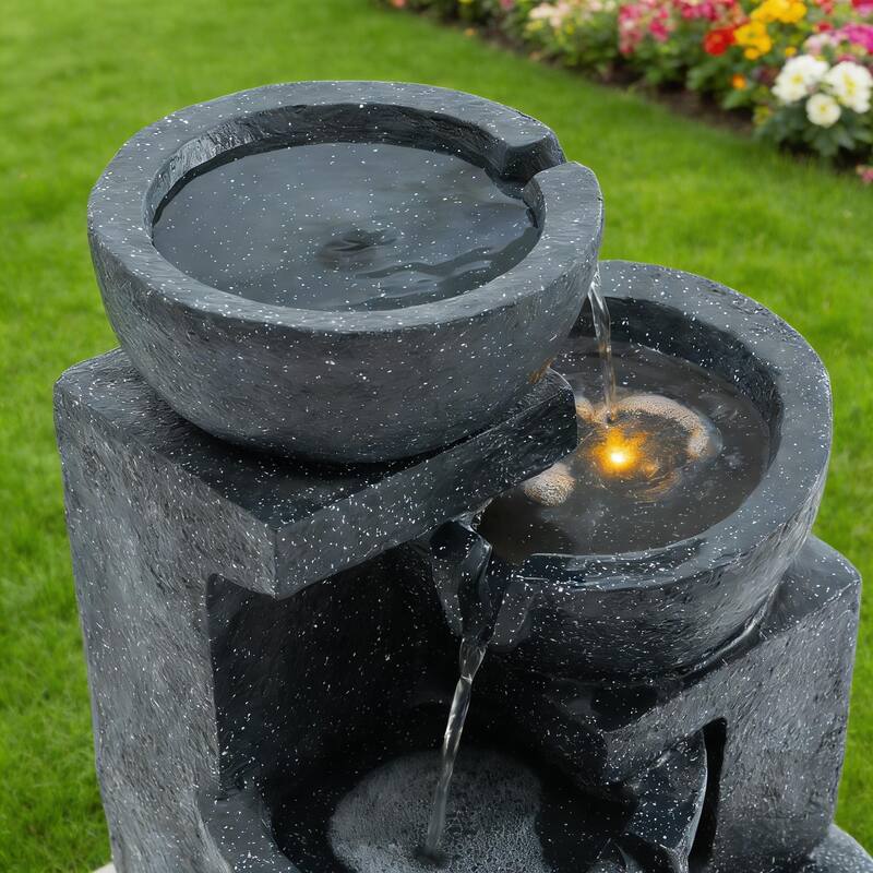 GDFStudio - Terrazzo 29" H Modern Outdoor/Indoor 4-Tier Water Fountain with Cascading Bowls, Stacked Stones Design & LED Lights