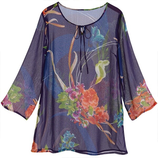 Shop Women's Tunic Top - Floral Print Navy Blue 3/4 Sleeve Shirt - Free ...