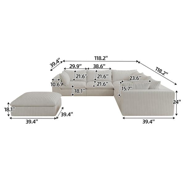 dimension image slide 4 of 20, Modular Sectional Sofa Corduroy Upholstered Sleeper Sofa Convertible Cloud Accent Couch Deep Seat Chaise Lounge, DIY Combination