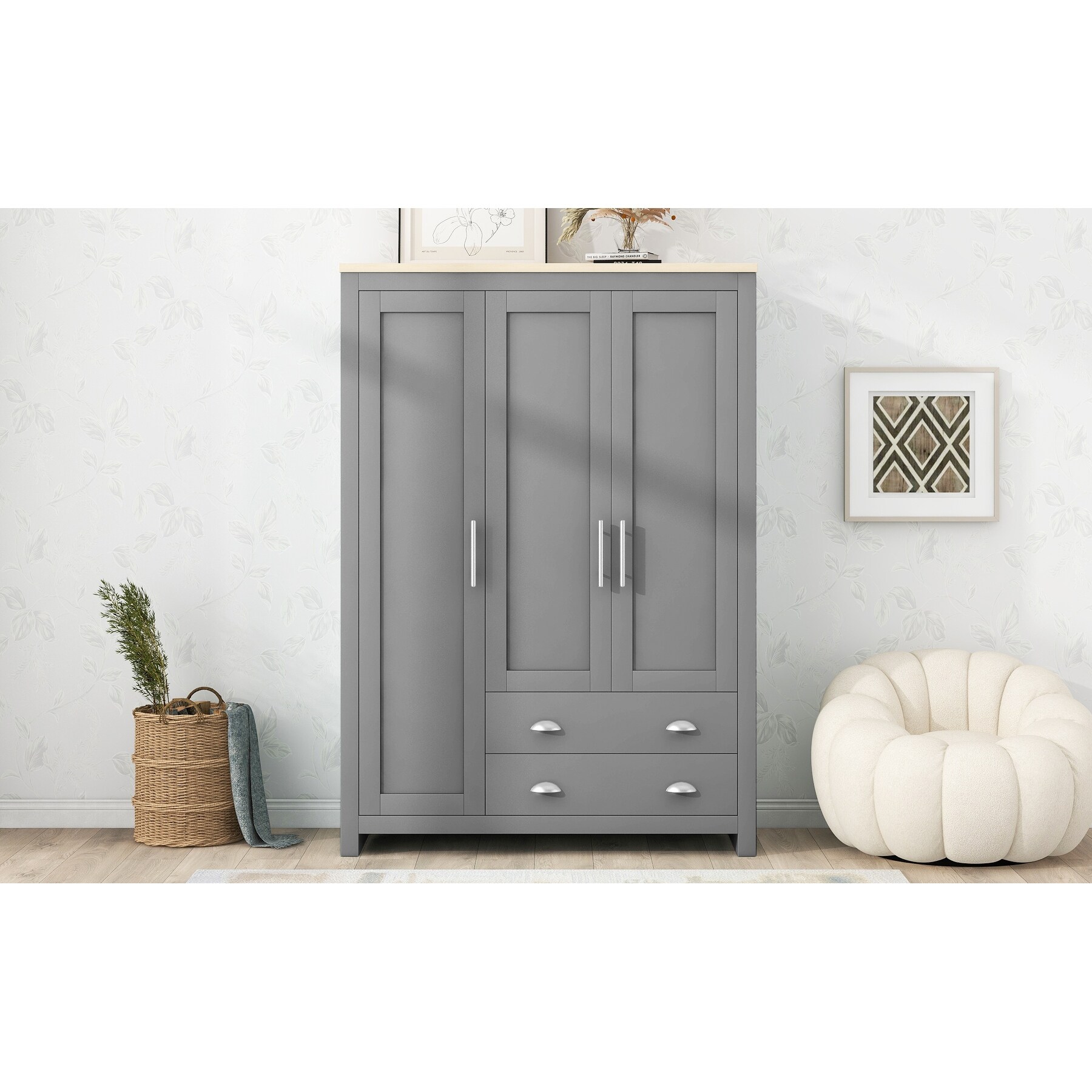 3 Door Wooden Wardrobes Large Wardrobe with Suspension Rods With 2 Drawers Used for Bedroom Storage Cabinets Wardrobe