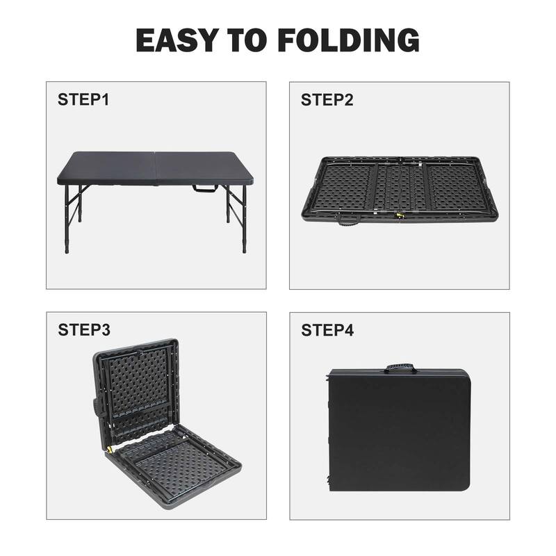 Black Plastic Folding Table, Rectangular Patio Table with Steel Tube Legs and Carry Handle