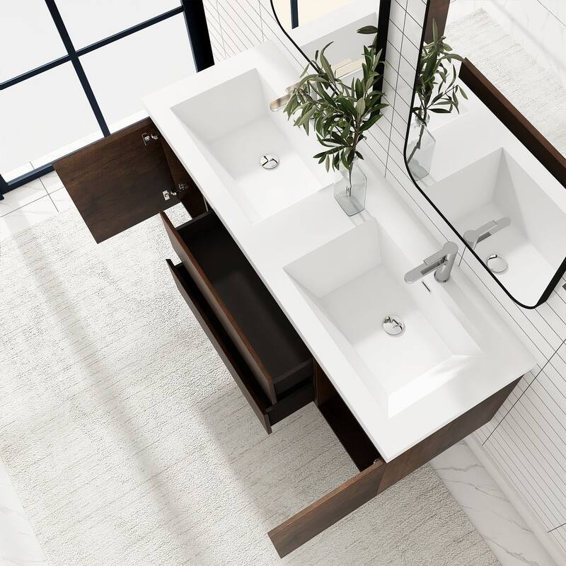 MDF Wall-Mounted Bathroom Vanity Set in Rose Wood with Integrated Culture Marble Sink
