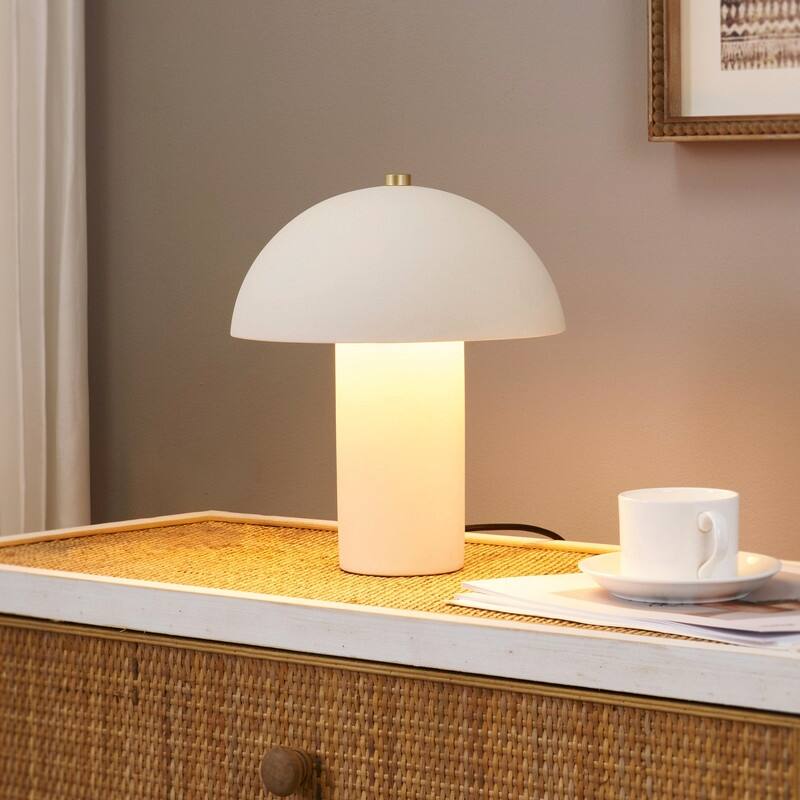 Brightech Alba LED Off-White Cream Ceramic Midcentury Round Dome Dimmable Bedside Nightstand Desk Lamp