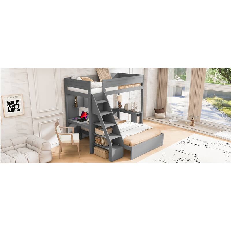 Roomfitters Twin XL Over Full Bunk Bed with Built-In Desk, USB Port and Shelves