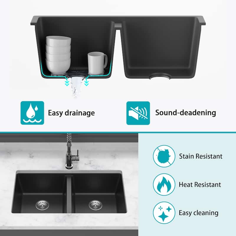 33" Undermount Double Bowl Quartz Kitchen Sink in Black - 33'' x 19'' x 10.33''