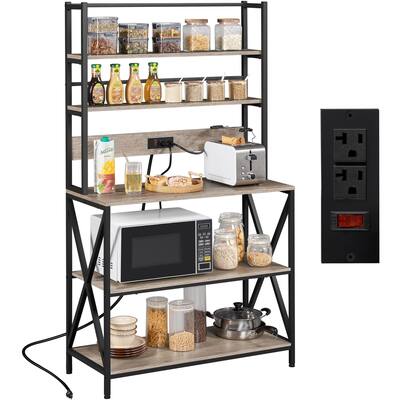 Bakers Rack w/Power Outlet, Microwave Stand Storage Shelf w/Metal Frame, 5-Tier Kitchen Rack Coffee Bar w/Adjustable Feet, Gray