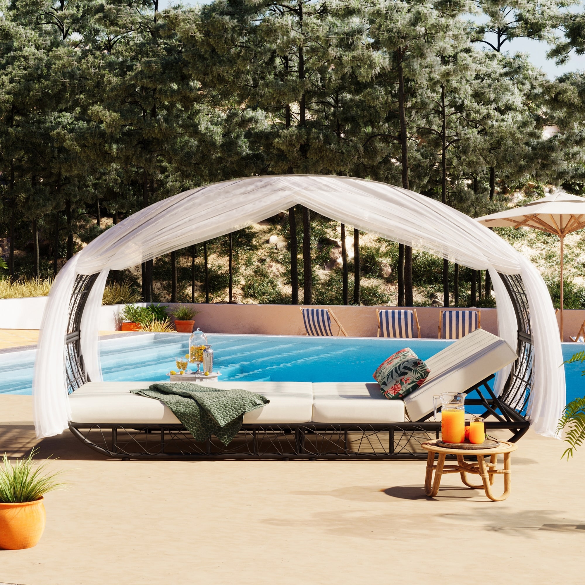 Poolside Daybed Wicker Frame Lounge Sunbed Backyard Recliners Chairs with Curtain and Colorful Pillow for Garden Patio Bed Bath Beyond 40509941