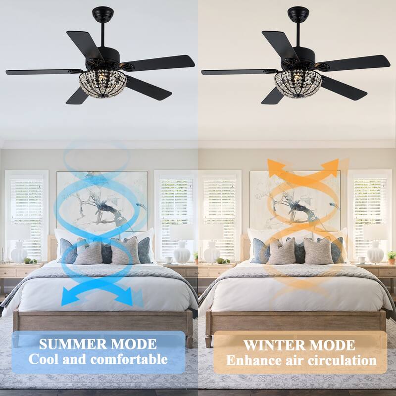 Cusp Barn 52 Inch Modern Crystal Black Ceiling Fan with Light, Noiseless DC Motor 6 Speeds Caged Ceiling Fan for Living Room