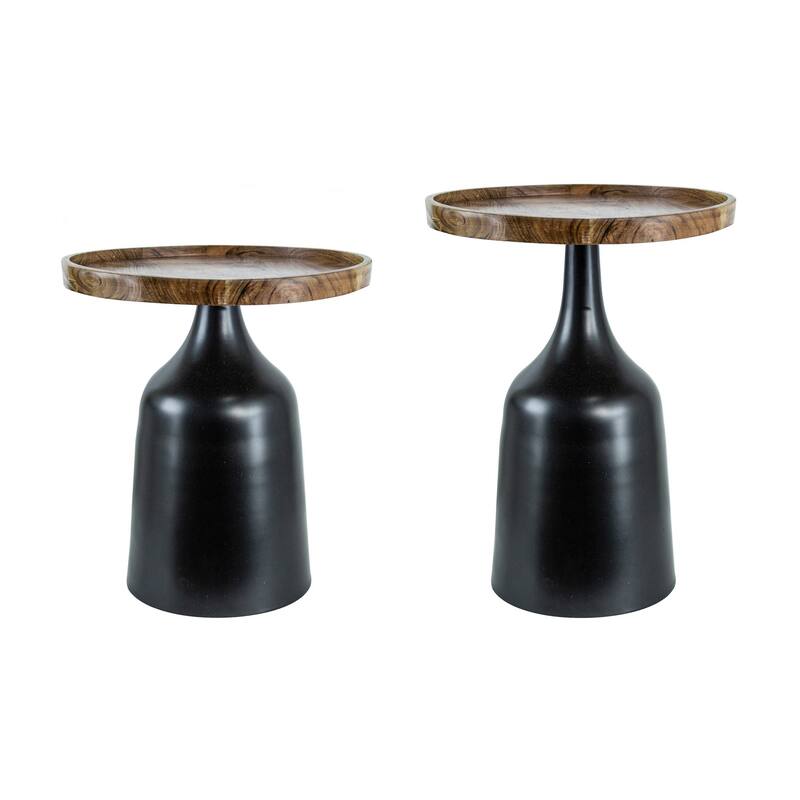 20, 17 Inch Side Table, Acacia Wood, Flared Pedestal Base, Aluminum, Black - Brown - Acacia