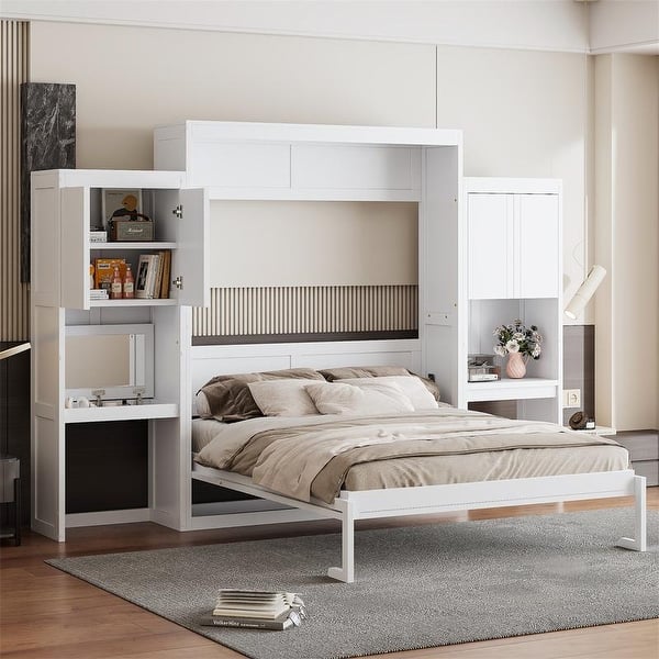slide 2 of 40, Queen Size Murphy Bed Wall Bed with Desk, Mirror and Vanity, Wooden Foldable Murphy Cabinet Bed with Storage Cabinets White