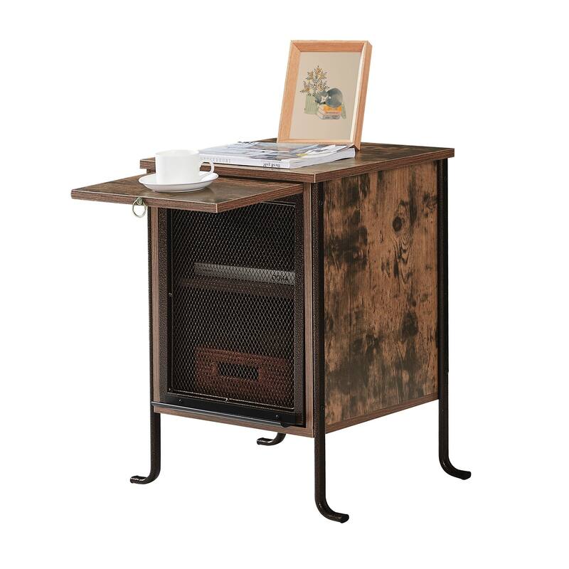 VECELO 3-tier Shelves Modern Brown Nightstand with Switchable Door and Retractable Shelf(Set of 2)