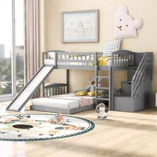 Twin over Twin Pine Bunk Bed with Slide and Storage Staircase