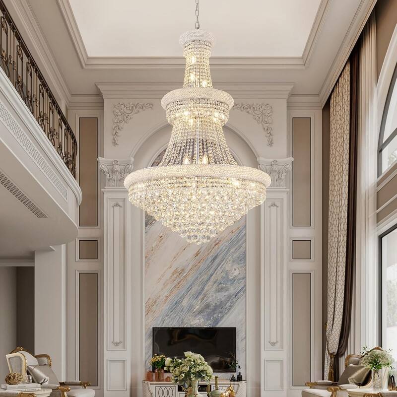 KAYLA 19-Lights High Ceiling Chandelier Modern Gold Crystal Chandeliers Large Foyer Chandelier Fixtures