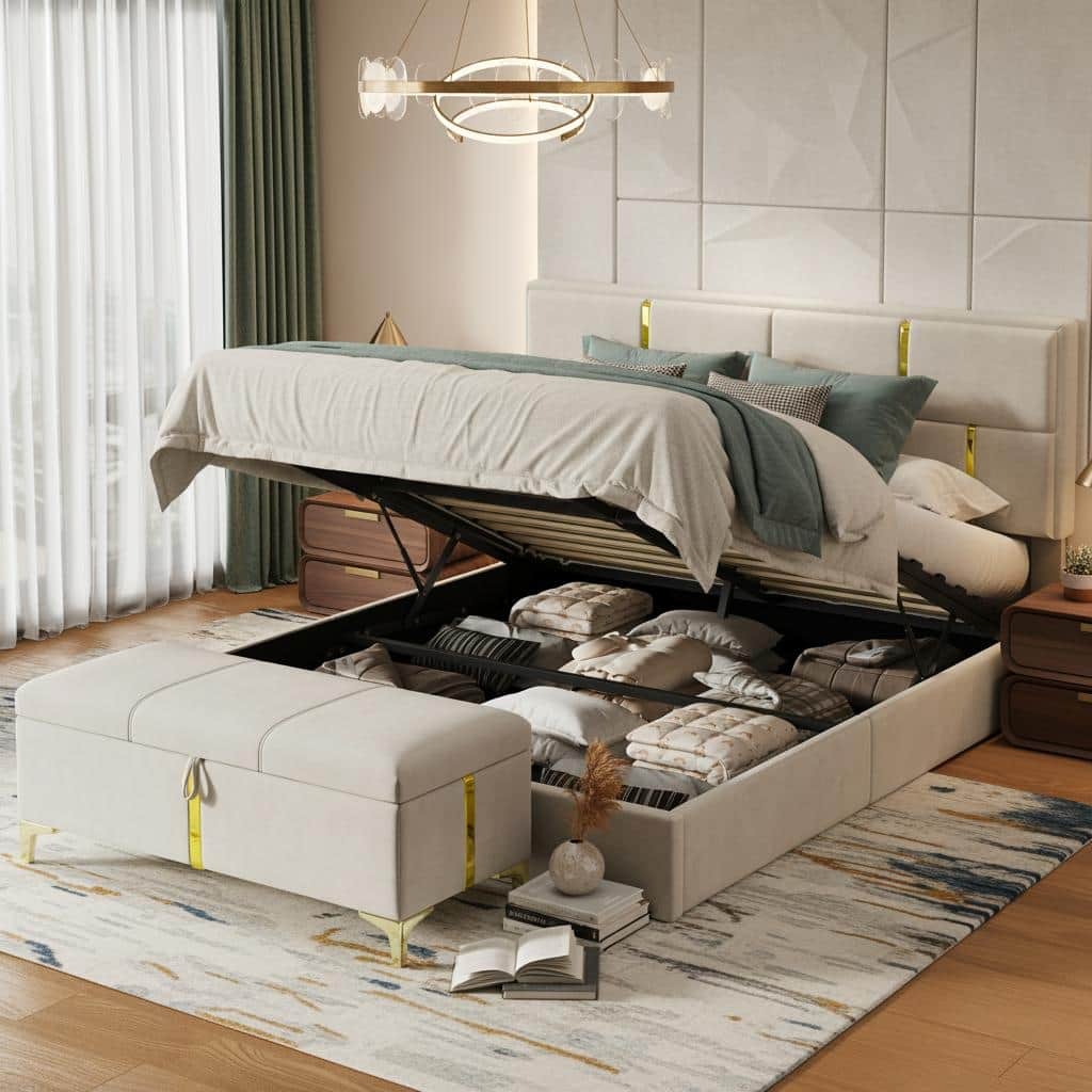 Modern Elegance 2-Piece Bedroom Set with Lift-Up Storage Platform Bed and Gold-Leg Ottoman by Harper&Bright Designs