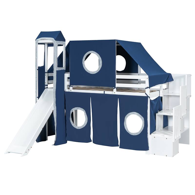 Blue Twin Loft Bed with Tent, Tower, and Playhouse Design for Kids
