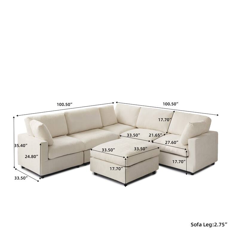 100" Oversized Modular Sectional Sofa, V Shape Cloud Couch Deep Seat Sofa with Ottoman, Cushion Covers Removable