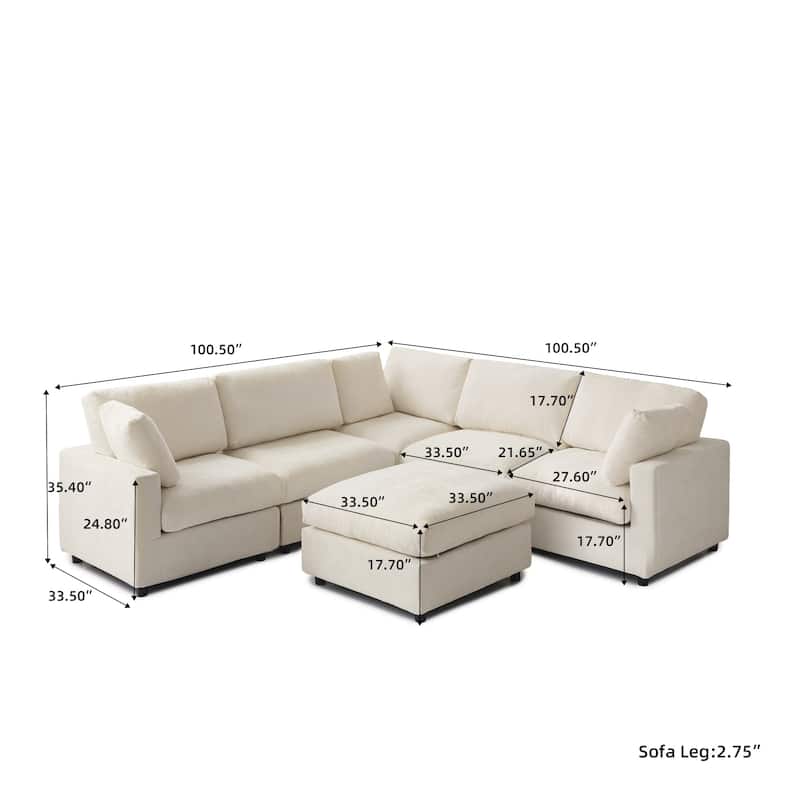 100.5'' V-shape Cloud Corner Sectional Sofa Chenille 5-Piece Modular Couch for Living Room Set