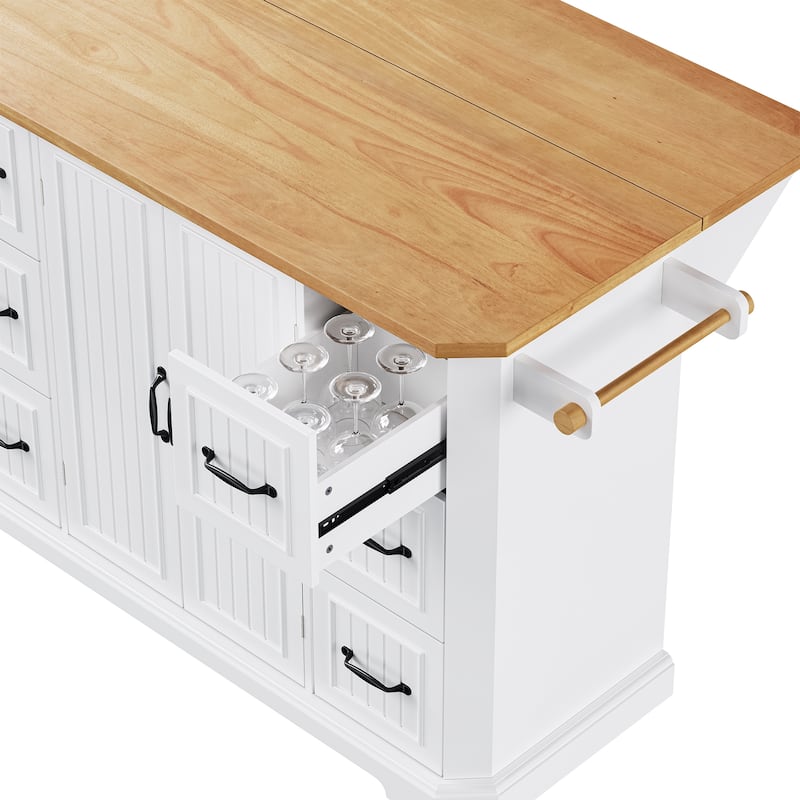 Farmhouse Kitchen Island with Drop Leaf & Power Outlet, 56" Folding Kitchen Table with 6 Drawers and 4 Shelves, Towel Rack