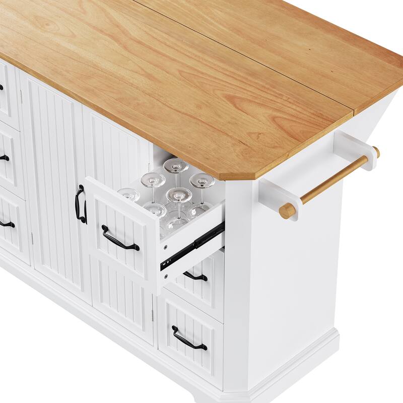 Kitchen Island Embossed Vertical Stripe Rolling Kitchen Cart with Rubber Wood Veneer Drop Leaf