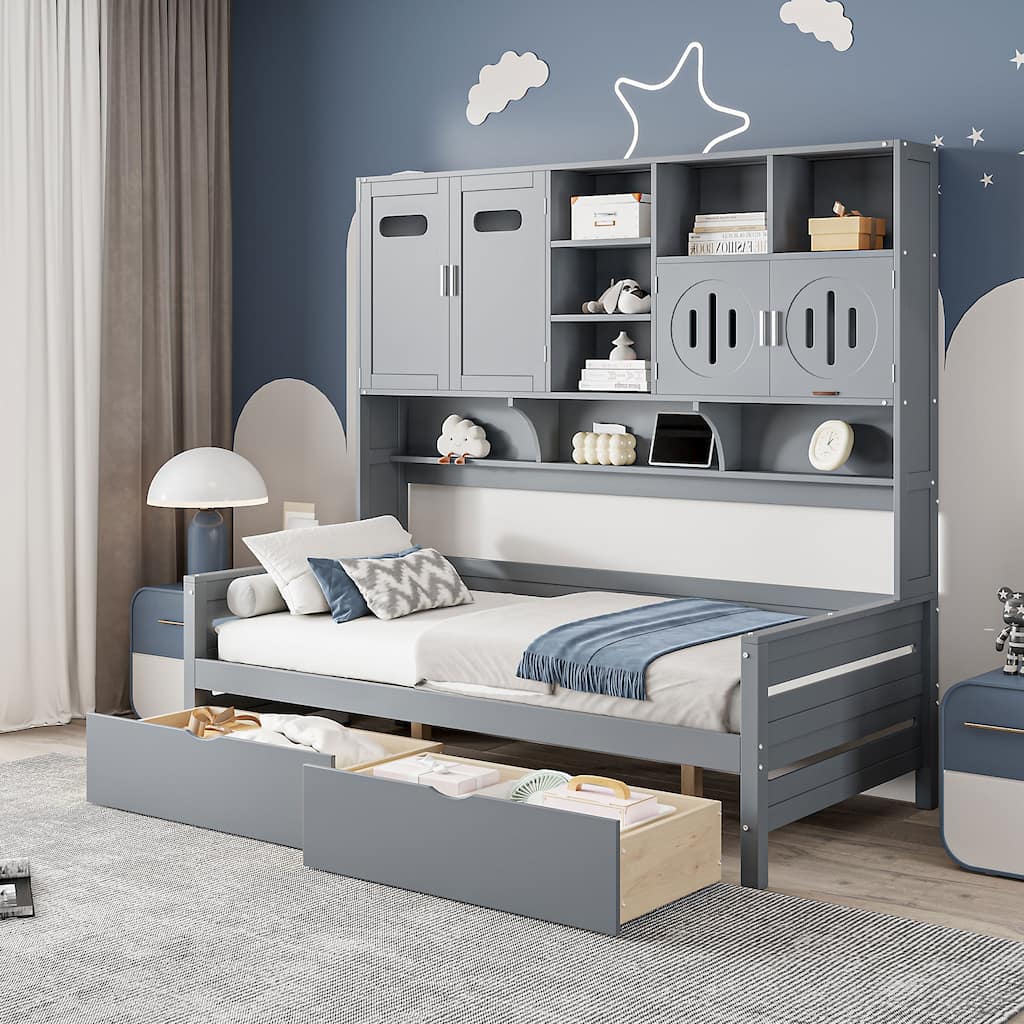 Twin Size Gray Wooden Daybed with 2 Drawers, Cabinet, and Shelf