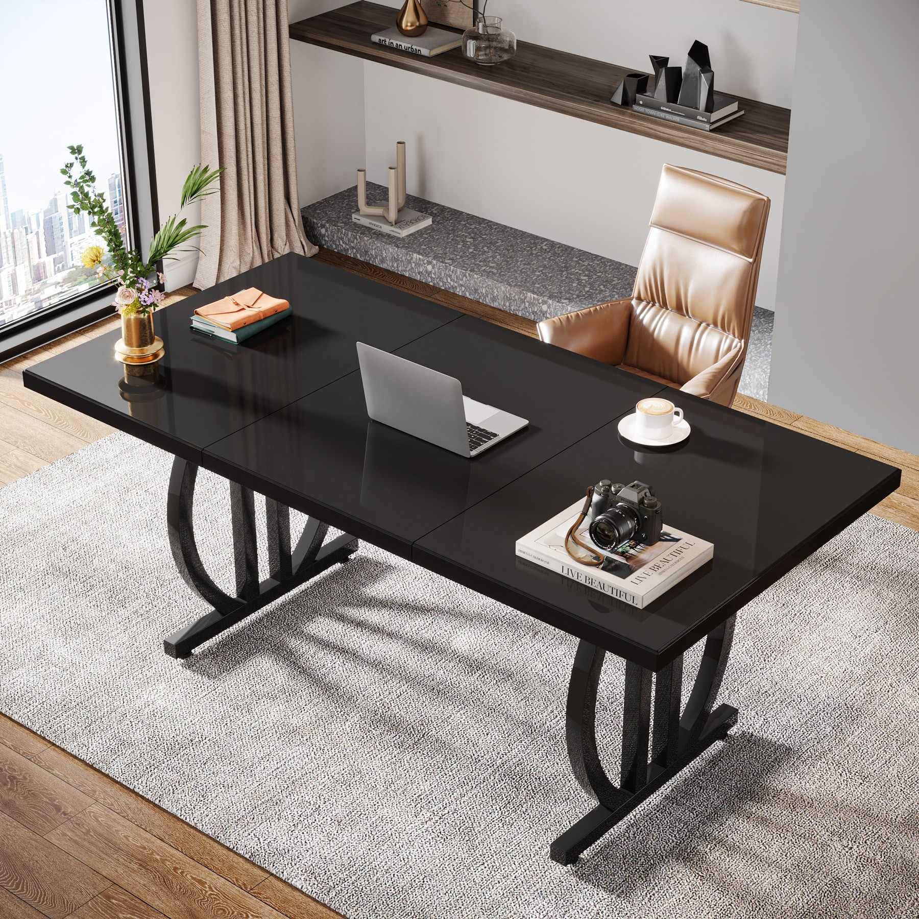 63-Inch Modern Computer Desk with Metal Frame for Home Office, Black