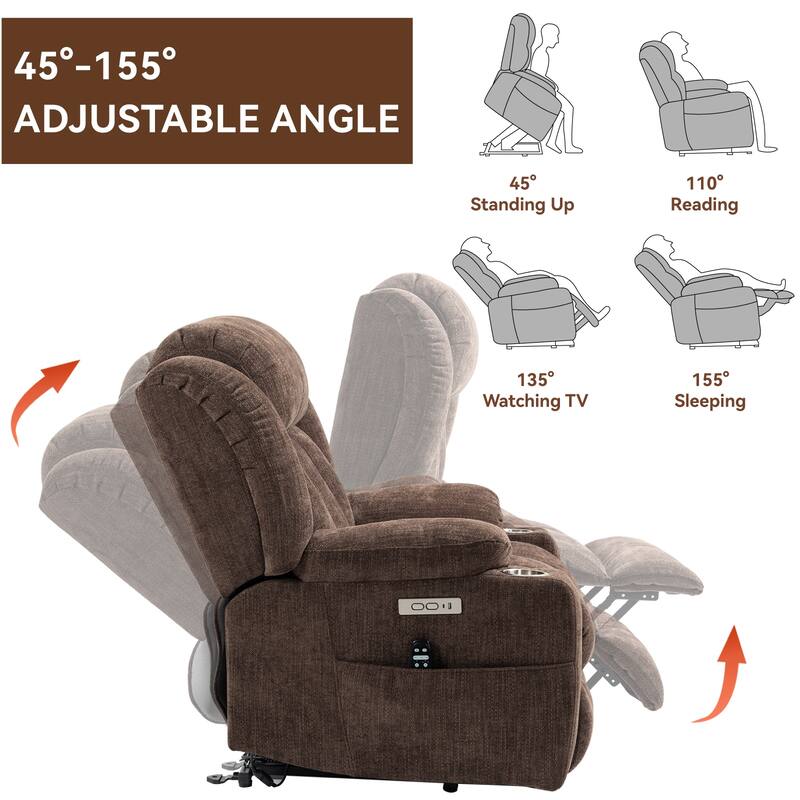 Roomfitters Heavy Duty Power Lift Recliner, Chenille Massage Chair with USB-C Charging and Stainless Cup Holders