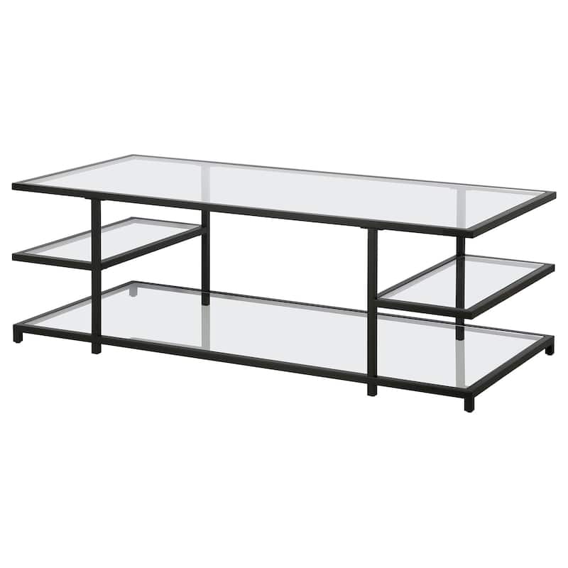 54" Modern Glass Coffee Table with Steel Base and 3 Storage Shelves Perfect for Living Room - 54"L x 24"W x 18"H