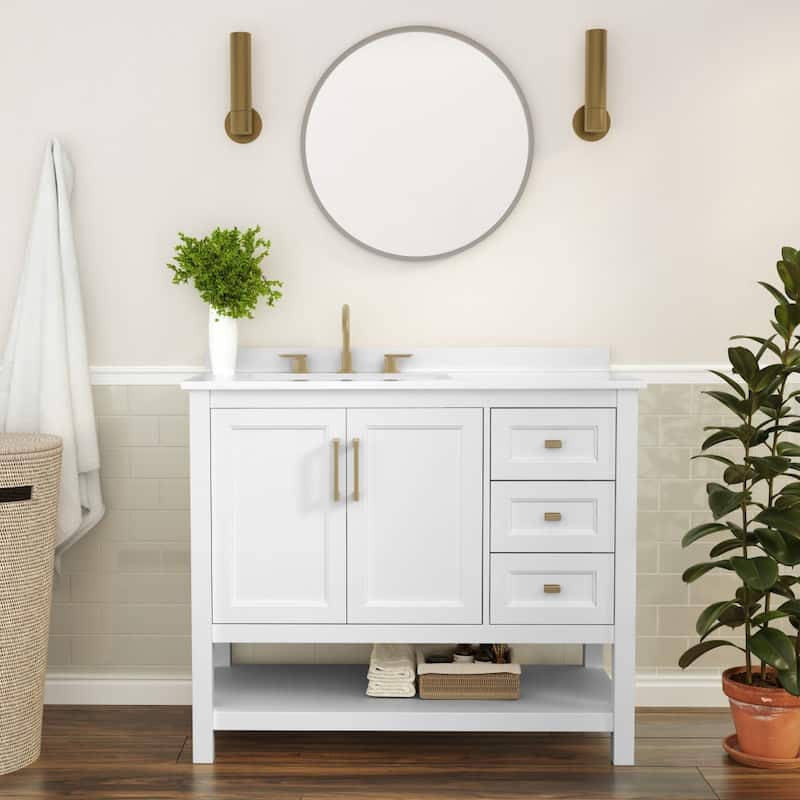 Bathroom Vanity with Sink, Open Storage, and Storage Drawers - 42 Inch - White Frame/Gold Hardware
