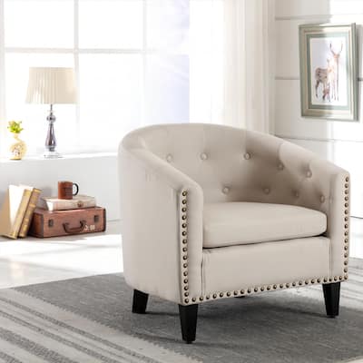 GEITIN Linen Tufted Barrel Chair with Wood Legs