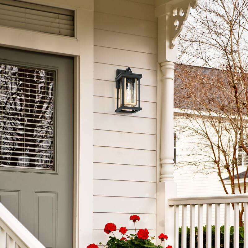 Modern 1-Light Outdoor Wall Sconce Black Gold Porch Patio Lantern - W 6.3"xD 7.9"xH 13.6"