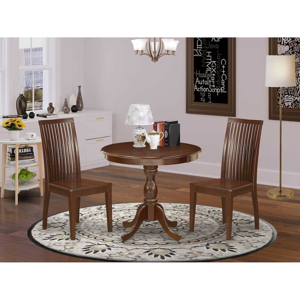 3-Piece Mahogany Finish Solid Wood Top - Round Dining Room Set - Seats 4