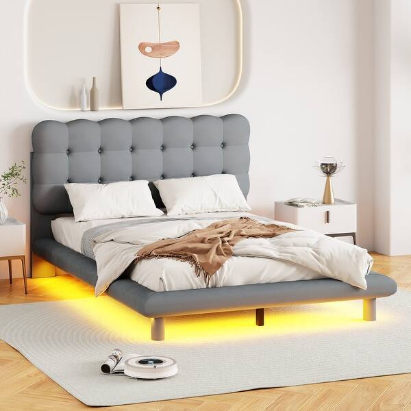 slide 2 of 12, Gray Full Size Velvet Platform Bed with LED Frame, Thick & Soft Fabric Gray