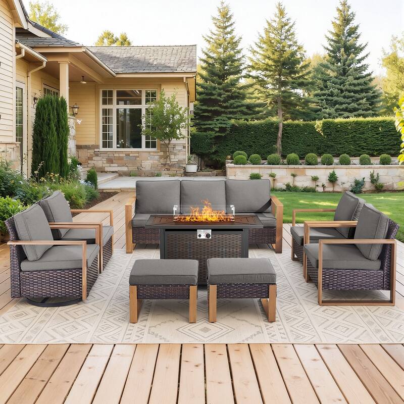 Meyreso Wicker Outdoor Patio Metal Fire Pit Set with Swivel Gliders and Olefin Cushions